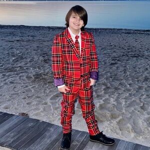 Opposuits Boys Size 10 11 12 Red Tartan Plaid Lumberjack Holiday 3 Piece Suit